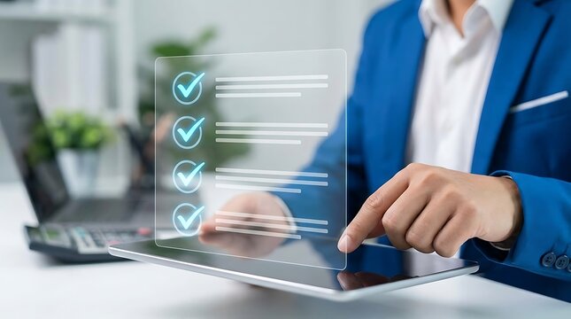 Person checking off items on a digital checklist using a tablet device with task list checklist completion completed approved