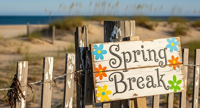 Rustic Wooden Spring Break Sign with Colorful Flowers on a Sandy Beach Fence