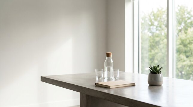 Eco-Friendly Minimalist Interior with Glass Water Bottle, Glasses, and Paper Notebook on a Grey Stone Table, Conceptual Banner for International Plastic Free Day, Sustainable Living, and Zero Waste