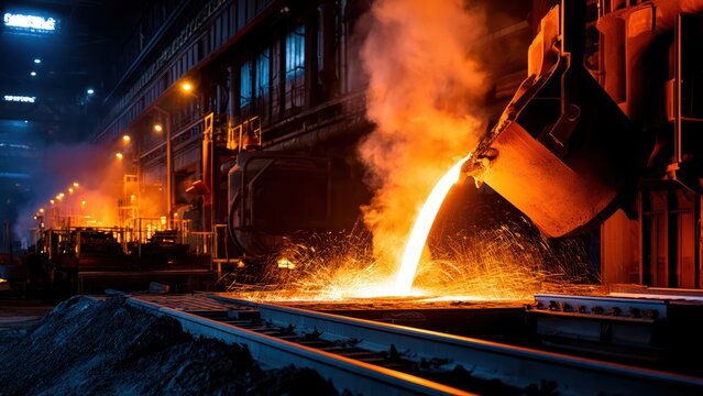 Molten metal stream pours with brilliant sparks in a glowing industrial steel production plant