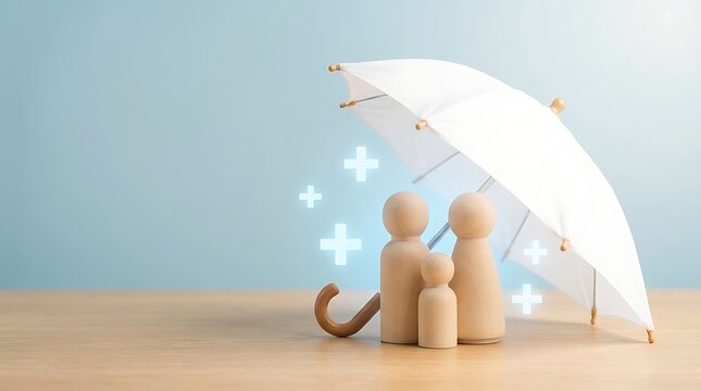 Wooden family figures under a white umbrella symbolizing protection and insurance with loan protection, insurance
