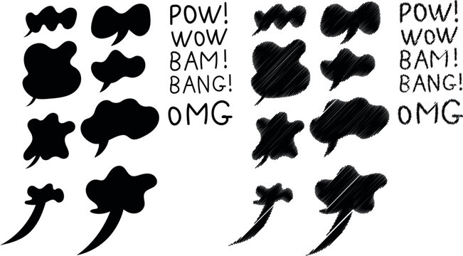 Hand Drawn Comic Dialog Bubbles with Pencil Lettering OMG BAM BANG Text.