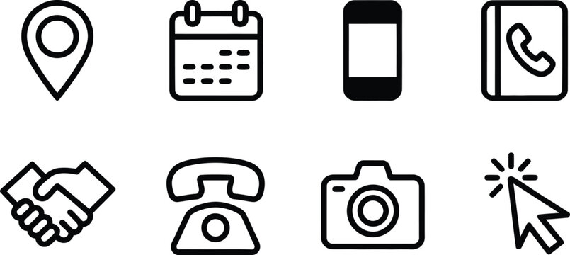 Set of location and device line icons including map pin calendar phone call camera cursor minimal outline vector illustration
