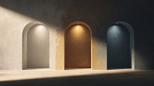 Abstract architectural background with three illuminated stone arches featuring textured walls, dramatic spotlighting, warm and cool tones, minimalist design, and elegant shadows.