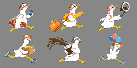 Stylized cartoon goose character in different actions: shopping, traveling, delivery, coffee, and leisure. Funny mascot in a modern flat style, ideal for apps, games, UI, stickers, and branding. © Ірина Сидорова