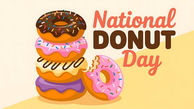 Stack of colorful donuts with national donut day text