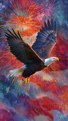 Fototapeta premium Bald eagle flying in front of vibrant fireworks display on 4th of July usa 250 years celebration