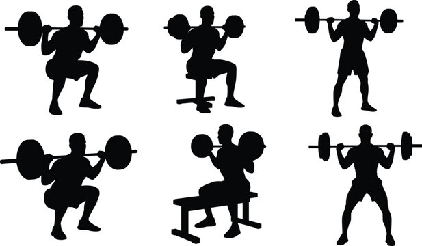 Weightlifting Icon Set Featuring Squats, Barbell Lifts, and Strength Training Poses for Fitness, Gym, and Workout Routines