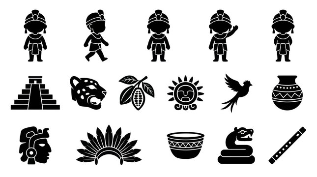 Mesoamerican Civilization Glyph Icons Set. Ancient Maya and Aztec Culture Vector Black Solid Symbols: People, Pyramids, Jaguar, Sun, Serpent, and Artifacts.