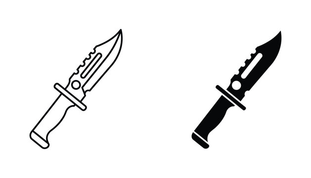 Tactical combat knife vector illustration in outline and solid black design for military themes