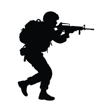 Silhouette illustration of infantry soldier holding weapon in combat gear vector design.