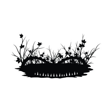 Silhouette illustration of spike trap pit with foliage and thorny plants vector graphic.