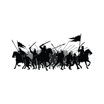 Warriors on horseback silhouette in battle, vector illustration.