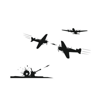 World war ii airplanes and anti-aircraft gun vector illustration with explosion line art.