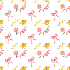 Obraz premium Seamless pattern with pink ribbon and flower handdrawn illustration. Best for backdrop, background, wallpaper, kids or baby design in summer or spring theme 