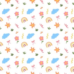 Fototapeta premium Seamless pattern with rainbow, cloud, flower, ribbon, and leaves handdrawn illustration. Best for backdrop, background, wallpaper, kids or baby design in summer or spring theme 