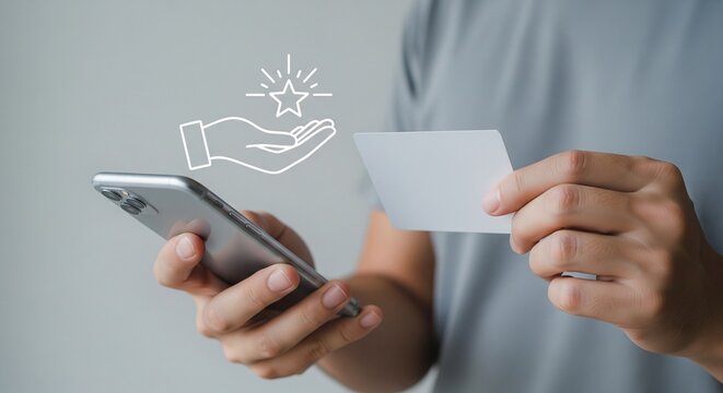 Hand holding smartphone and card with star icon, concept of loyalty program and rewards