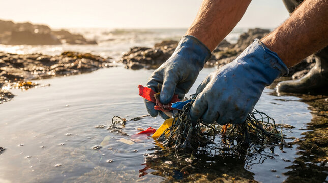 Weathered hands in worn rubber gloves pulling a tangled mass of fishing net and plastic debris from shallow tide pools at low tide, warm amb