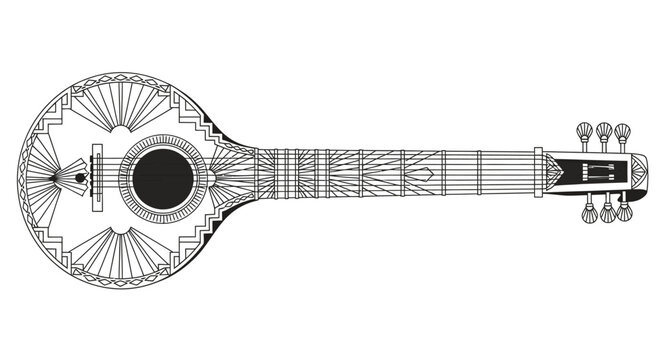 Detailed line art illustration of a tanpura, a long-necked plucked string instrument from India, isolated on white