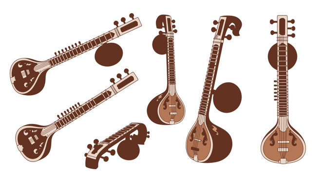 Set of traditional Indian sitar musical instruments, vector illustrations from different angles, showcasing cultural music and sound.