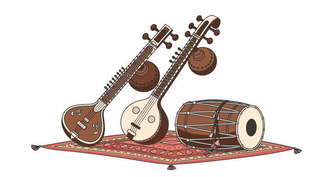 Traditional Indian Musical Instruments Illustration: Sitar, Tanpura, and Dholak Drum on a Decorative Rug, Isolated on White Background.