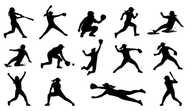 Softball Player Silhouette Action Poses Set with Batting Pitching Catching Sliding and Fielding Vector Illustration