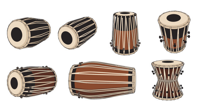 Collection of Indian Percussion Instruments: Tabla, Dholak, Pakhawaj, and Mridangam, Isolated on White
