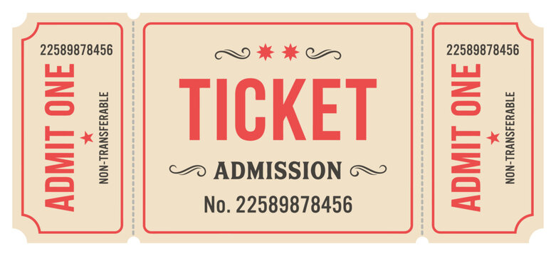 Vintage ticket stub with admit one text and perforated edges | Retro raffle coupon for cinema or theater events | Classic paper vector design