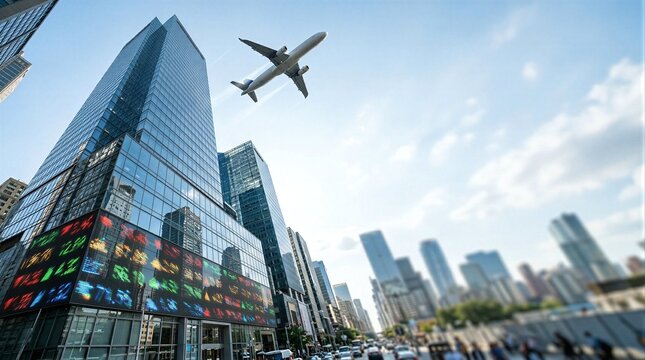 An airplane is flying over a busy city street.