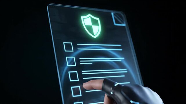 User generates virtual checklist on high-tech interface with security icons. Glowing elements illustrate technology in use. Concept of cybersecurity, innovation, digital services