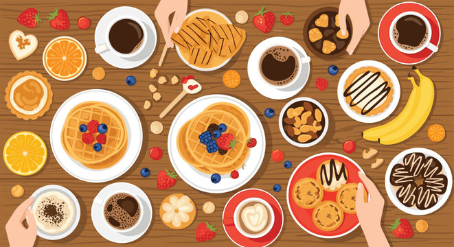 Extensive breakfast banquet on a wooden table features waffles, fruit, pastries, and various types of hot coffee.