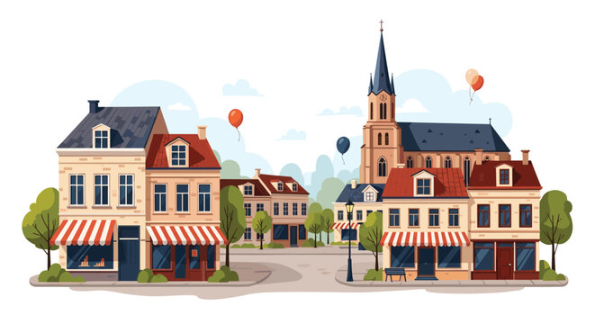 Beautiful street scene in an old European town features charming shops, cobblestone roads, and a tall church spire.
