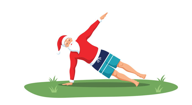 Santa Claus character wearing a red suit and hat performing a side plank yoga pose on a green grass patch on a white background.