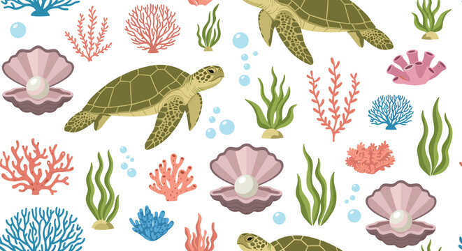 Vibrant seamless pattern design featuring green sea turtles swimming among colorful corals, shells with pearls, and seaweed.