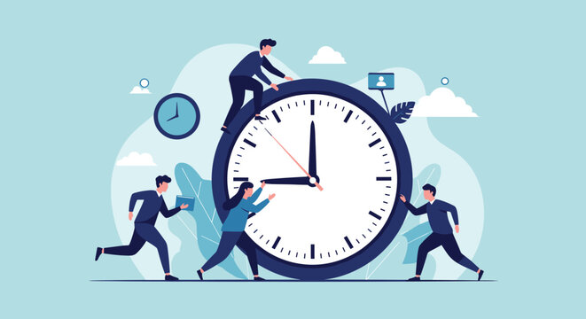 Team of diverse business professionals working together around a large clock face to effectively manage their work time.