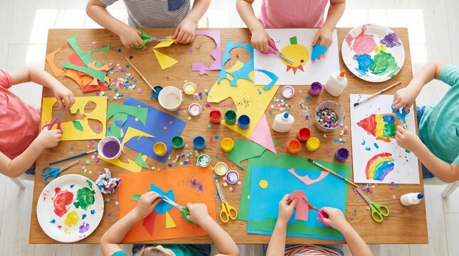Top-down view of children creating handicrafts.