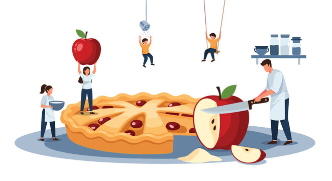 Whimsical scene of tiny people working together to prepare a massive apple pie by cutting fruit, sprinkling sugar, and carrying ingredients.