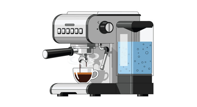 Modern silver espresso machine prepares a fresh cup of dark coffee with steam rising and water visible in the reservoir.