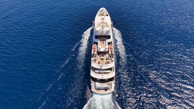 Aerial drone top down cinematic tracking video of beautiful modern super yacht with wooden deck cruising in high speed in Aegean deep blue sea