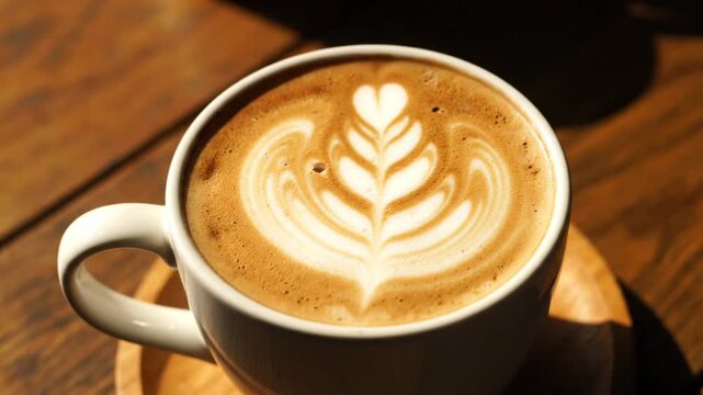 Close-up of a latte in a white mug with a milk foam design on a wooden surface
