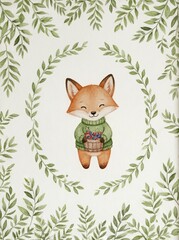 Fototapeta premium Watercolor woodland nursery art bundle. Cute bear, fox, mouse reading books with floral frames. Baby shower decor and kids prints.
