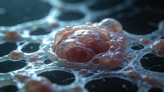 Microscopic close-up of biological cells and tissue with transparent texture