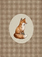 Obraz premium Watercolor vintage nursery art Hand-drawn fox, bunny, kitten, toy car, and airplane with plaid backgrounds. Cute wall decor for kids room gallery.