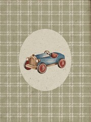 Fototapeta premium Watercolor vintage nursery art Hand-drawn fox, bunny, kitten, toy car, and airplane with plaid backgrounds. Cute wall decor for kids room gallery.