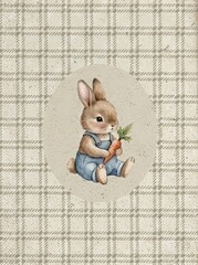 Fototapeta premium Watercolor vintage nursery art Hand-drawn fox, bunny, kitten, toy car, and airplane with plaid backgrounds. Cute wall decor for kids room gallery.