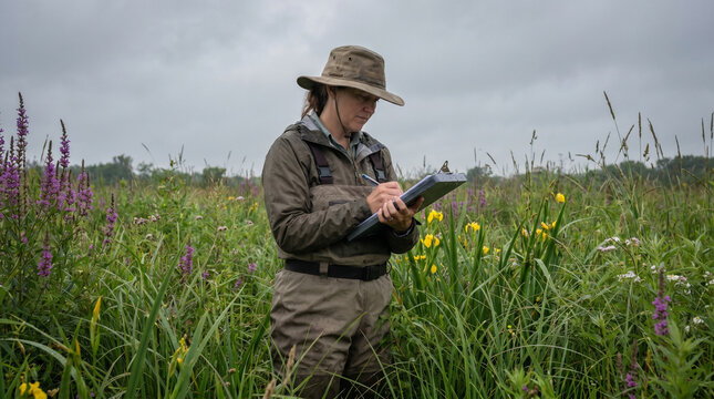 Waist-deep in a restored floodplain meadow, a field ecologist in a wide-brimmed hat records data on a waterproof clipboard while sedge grass 2