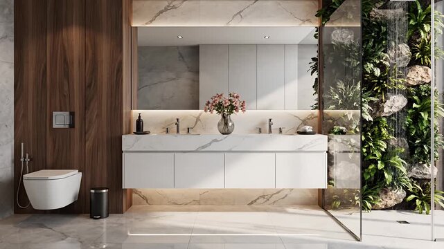 Modern luxury bathroom with marble vanity and vertical garden wall