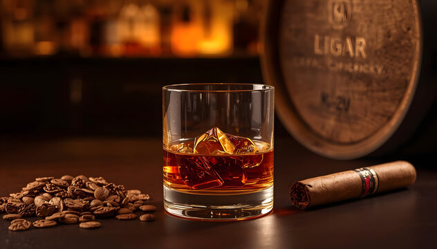 Amber Cognac in Glass with Ice, Cigar, and Coffee Beans on Oak Barrel Background