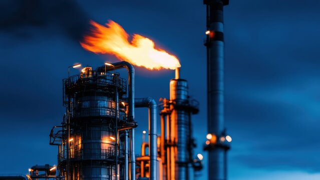 Nighttime view of a petrochemical refinery with burning flare and illuminated industrial structures