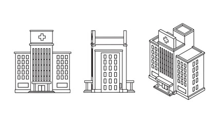 Naklejka premium Hospital building outline set with medical cross icon in front and isometric perspective
